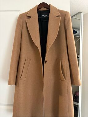 Zara Camel Single-Button Long Wool Coat